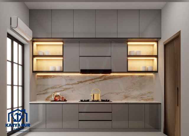 Custom kitchen set Kaliabang Bekasi model gantung plafon tinggi