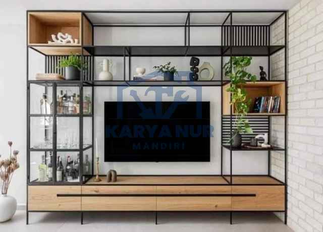 Jasa pembuatan backdrop TV Bekasi gaya Japandi Industrial