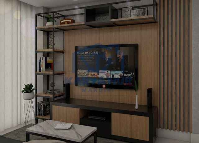 Jasa pembuatan backdrop TV Bekasi gaya Japandi Industrial