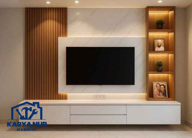 Backdrop TV minimalis Bogor untuk ruang tamu rumah tipe 36