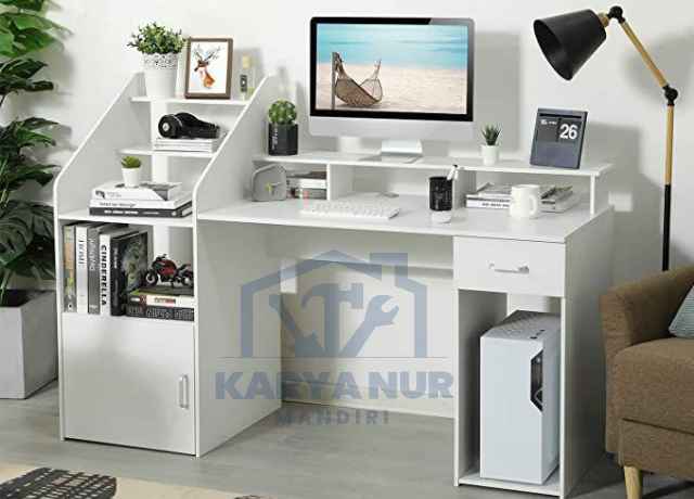 Custom Meja Komputer Minimalis Modern HPL Putih Anti Noda