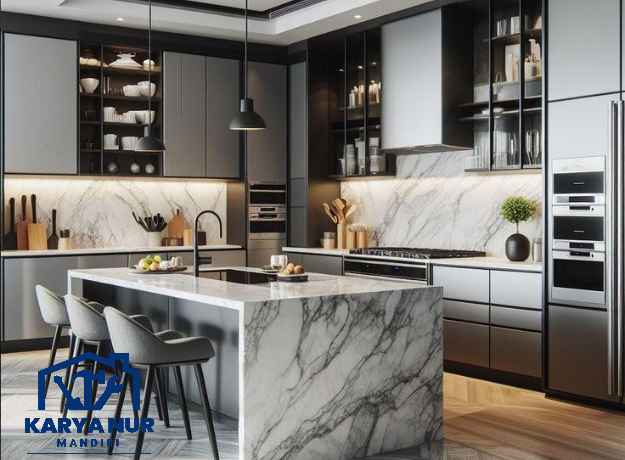 Info Custom Meja Bar Dapur Area Jakarta HPL Marmer Elegan