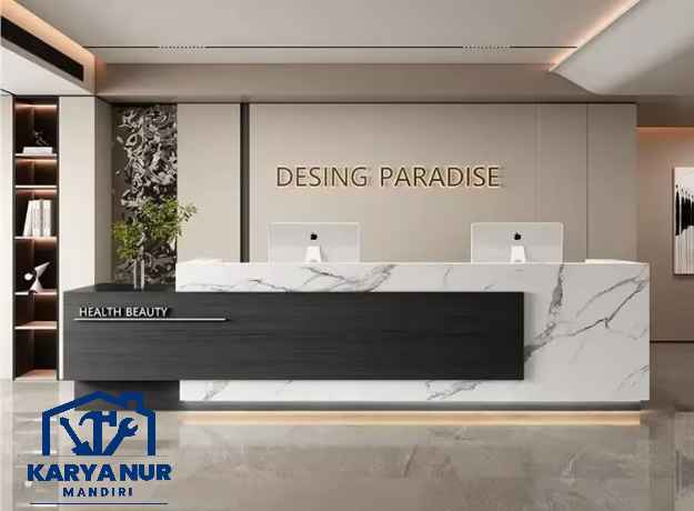 Pesan meja resepsionis hotel Jakarta Barat elegan custom gratis survei