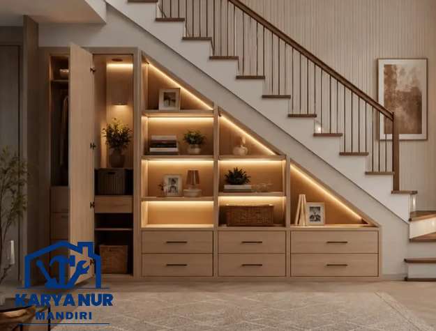 Lemari bawah tangga custom Bekasi HPL mewah Termurah
