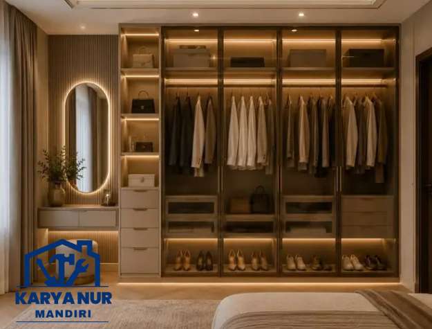 Lemari pakaian custom Bekasi full kaca elegan